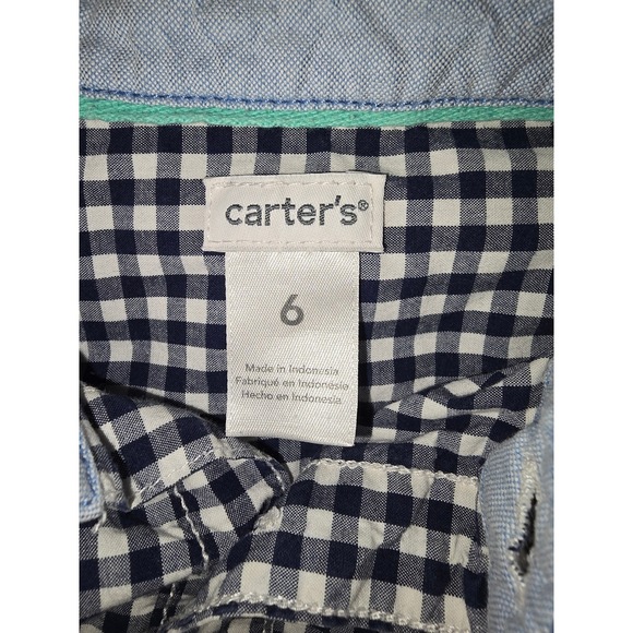 Carters Boys Navy Blue White Gingham Check Button Down Shirt Size 6 Long Sleeve - Picture 4 of 5